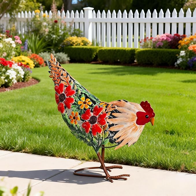Natelf Hen Decor Metal Rooster Statue Chicken Outdoor Garden Decoration Hollow Out Design Yard Art Lawn Patio Home Sculpture