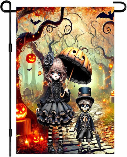 BlissYard Halloween Horror Garden Flag 12x18 Inch Gothic Doll Pumpkin Umbrella Skull Boy Flag Outdoor Yard Decoration House Banner Porch Lawn Patio Home Decor
