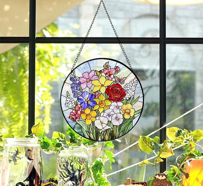 Stained Glass Window Hanging, Colorful Floral with Butterfly Glass Panel Suncatcher Hangings Sun Catchers Garden Decor for Birthday for Women, Men Mom 7.8 in