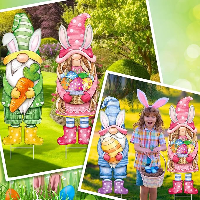 Umigy 3 Pcs Easter Yard Sign Gnome Outdoor Sign with Stakes 32 x 10 Inch Gnome Lawn Decor Easter Yard Lawn Decor for Home Pathway Walkway