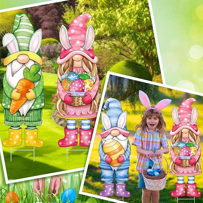 Umigy 3 Pcs Easter Yard Sign Gnome Outdoor Sign with Stakes 32 x 10 Inch Gnome Lawn Decor Easter Yard Lawn Decor for Home Pathway Walkway