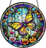 GENANY Butterfly Stained Glass Window Hanging, Sun Catcher with Metal Chain and Hook, Butterfly Spring Ornament Gifts for Women Men, Spring Home Decorations, Floral Themed Housewarming Gifts