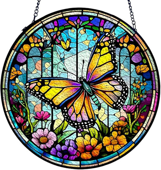 GENANY Butterfly Stained Glass Window Hanging, Sun Catcher with Metal Chain and Hook, Butterfly Spring Ornament Gifts for Women Men, Spring Home Decorations, Floral Themed Housewarming Gifts