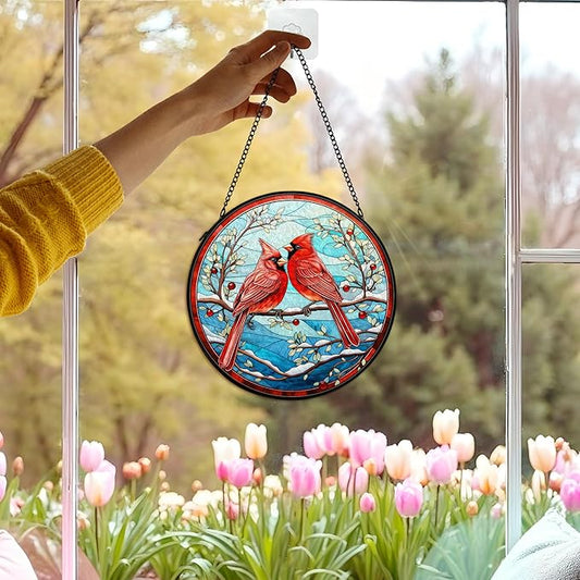 Cardinal Suncatcher Stained Glass Window Hanging Decor, Winter Christmas Cardinal Stained Glass Wall Decor, Christmas Bird Lawn Garden Sun Catchers Indoor Window Hanging Wall Art, 7.9x7.9In