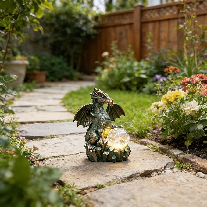 JOYBEE Dragon Solar Garden Statues Outdoor Decoration with Magic Orb,Dragon Figurine Solar LED Lights Lawn Décor,Outside Statue Ornament for Patio, Balcony, Yard,Unique Gifts for Mom Grandma