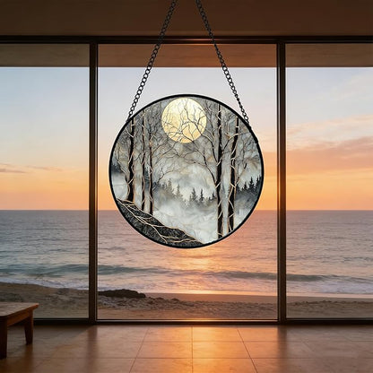 Stained Glass Window Hanging - Black and White Gold Moon Forest Sun Catcher for Door Home Decor Suncatcher Christmas Mother's Day Birthday Gifts for Women Men Lovers Mom Nana 7.8 in