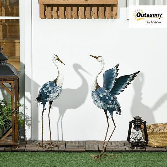 Outsunny Heron Garden Statues, 29" & 27.5" Standing Bird Sculptures, Metal Yard Art Decor for Lawn, Patio, Backyard, Landscape Decoration Set of 2, Blue & White