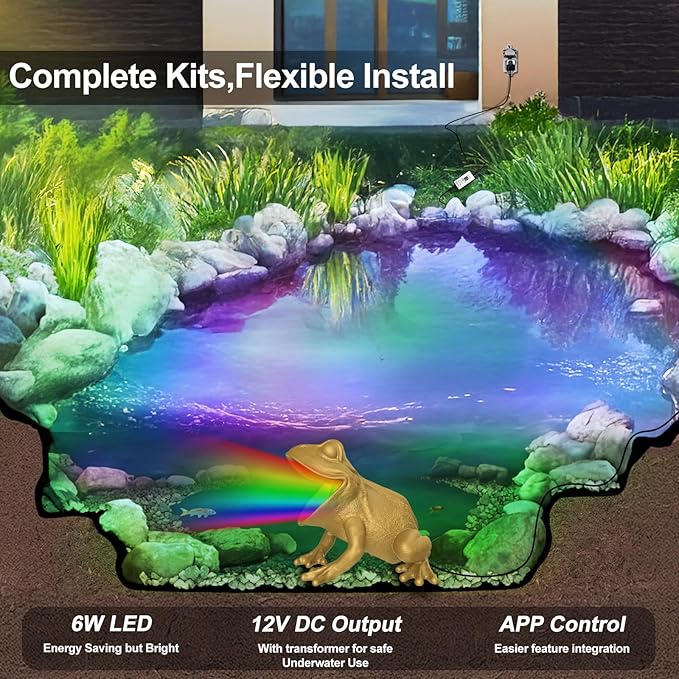 Pond Light with APP, 6W Frog Fountain Light led Underwater with 12V Transformer, IP68 Waterproof Underwater Pond Lights with 32FT Cable for Ponds Waterfall Fountain Water Feature, 1 SpotLights