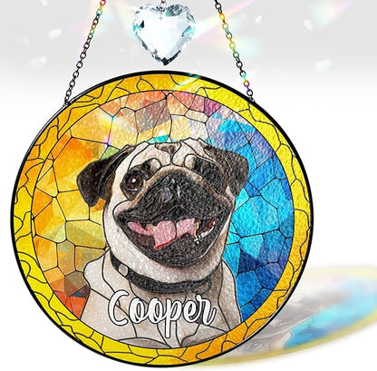 Pet Stained Glass Suncatcher Personalized Custom Name Pet Photo Ornament Window Hanging Home Decor Sympathy Gift for Loss of Pet Dog Cat Memorial Keepsake Remembrance Gift for Dog Lovers
