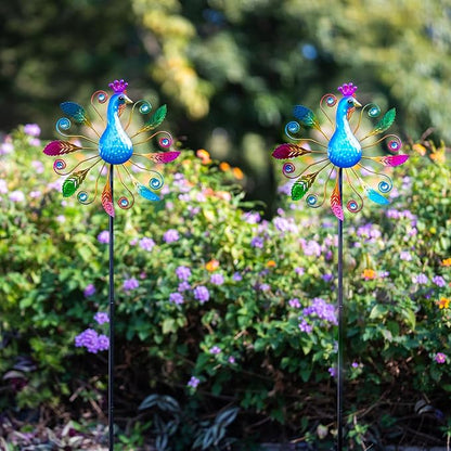 Colorful Peacock Wind Spinners Outdoor 2 Pcs, 38.2 Inch Tall Windmill for Yard Decor, Garden Wind Spinners with Vibrant Feather Design, Metal Garden Decor for Patio and Lawn