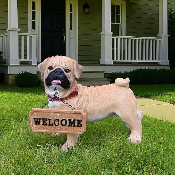 Pug Dog Garden Statue with Solar Lantern & Welcome Sign, 11" Cute Resin Animal Figurine Outdoor Decor, Weatherproof Pet Sculpture for Patio Yard Porch Lawn, Dog Lover Gifts (4.2 LBS)