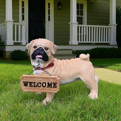 Pug Dog Garden Statue with Solar Lantern & Welcome Sign, 11" Cute Resin Animal Figurine Outdoor Decor, Weatherproof Pet Sculpture for Patio Yard Porch Lawn, Dog Lover Gifts (4.2 LBS)
