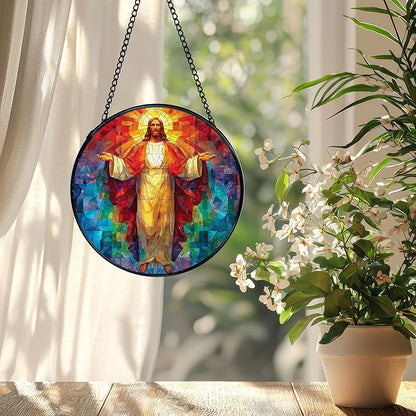 Easter Jesus Christian Suncatcher Stained Glass Window Hanging, Jesus Religious Sunshine Sun Catchers Indoor Window Glass Wall Art Decor, Christian Wall Hanging Decor, 7.9x7.9 Inch
