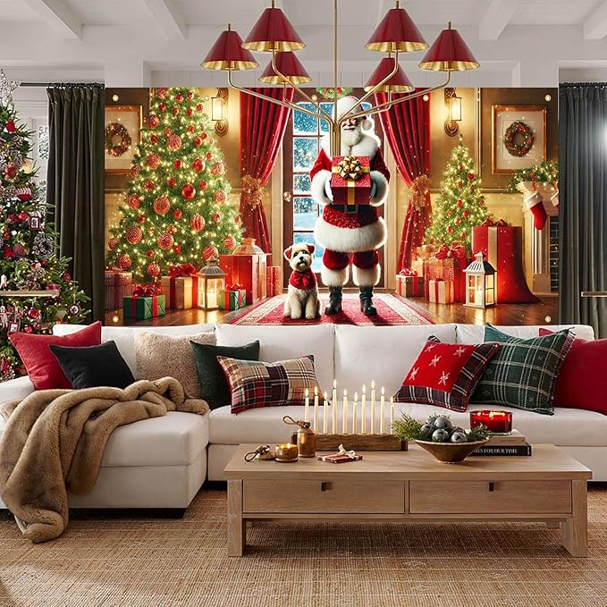 HOMETITUTE Christmas Garage Door Banner 13x6ft Santa Claus with Gift Box and Puppy Holiday Backdrop Winter Indoor Outdoor Scene Red Gold Green Tree Decor Wall Hanging Seasonal Party Porch