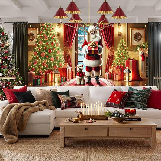 HOMETITUTE Christmas Garage Door Banner 13x6ft Santa Claus with Gift Box and Puppy Holiday Backdrop Winter Indoor Outdoor Scene Red Gold Green Tree Decor Wall Hanging Seasonal Party Porch