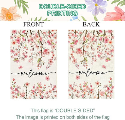 Baccessor Spring Summer Welcome House Flag 28 x 40 Inch Double Sided Burlap Pink Floral Cherry Blossom Green Leaf Farmhouse Large Yard Flag Summer Holiday Seasonal Outdoor Outside Decoration