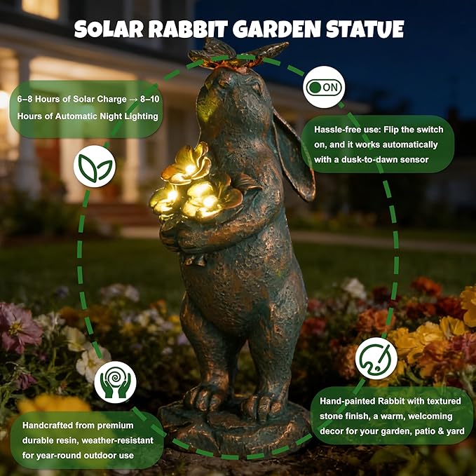 Solar Garden Statues, Resin Bunny Statue w/ Flower, Waterproof Figurine Rabbit Solar Lantern for Outside Yard Outdoor Home Patio Lawn, Solar Animal Lights for Adults Women Birthday Easter Gifts