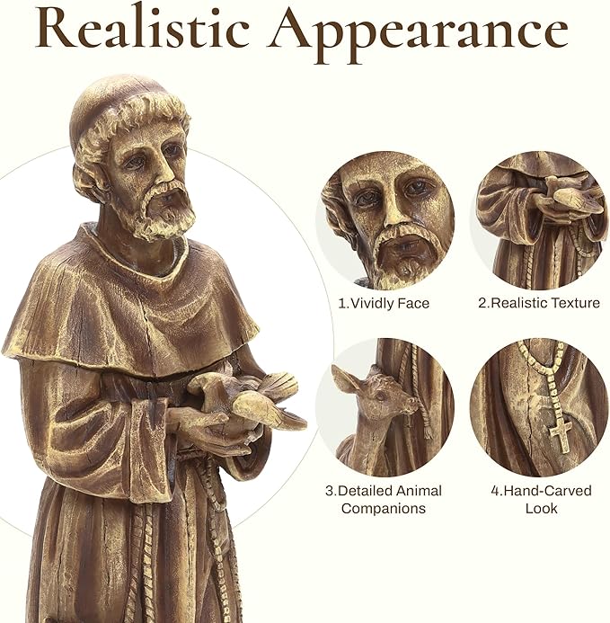 LuxenHome 25'' Saint Francis Garden Statue, Religious Garden Sculpture, Catholic St. Francis Statue for Patio, Yard, Home, Fiber Stone Decor, Outdoor Sculptures Decorations, Brown