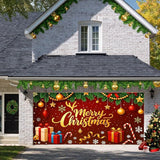 HOMETITUTE Christmas Garage Door Cover 13x6ft Merry Christmas Gold Letters Red Bow Green Pine Seasonal Banner Outdoor Indoor Holiday Decoration Winter Party Backdrop Gift Boxes Candy Cane Wall