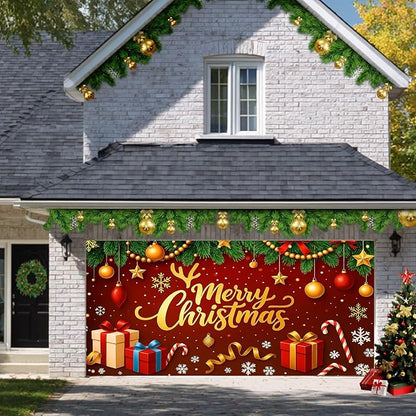HOMETITUTE Christmas Garage Door Cover 13x6ft Merry Christmas Gold Letters Red Bow Green Pine Seasonal Banner Outdoor Indoor Holiday Decoration Winter Party Backdrop Gift Boxes Candy Cane Wall