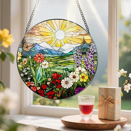 8 Inch Mountain Wildflowers Stained Glass Suncatcher, Suncatchers for Windows Hanging, Window Decor, Grandma Mom Gift for Her, Mother's Day Christmas Birthday