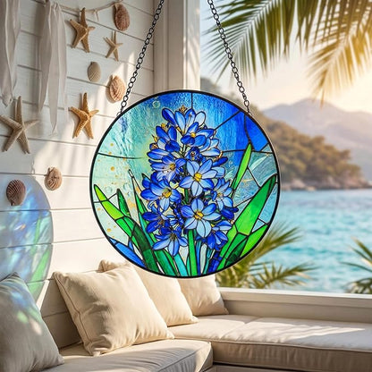 Stained Glass Window Hanging, Hyacinth Suncatcher 7.8 in Sun Catcher Glass Panel Boho Wall Art Decor with Chain Diamond Glass Panel Hangings Scenery Sun Catchers Decor for Lover Couple Mom