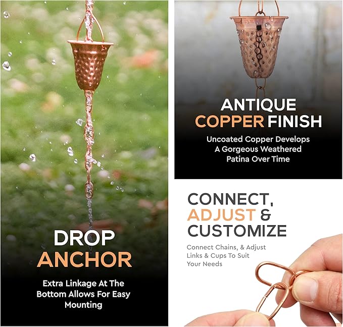 Copper Hammered Rain Chain – Decorative Chimes & Cups Replace Gutter Downspout & Divert Water Away from Home for Stunning Fountain Display – 3’ Long for Universal Fit – Bell Style