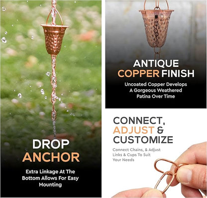Copper Hammered Rain Chain – Decorative Chimes & Cups Replace Gutter Downspout & Divert Water Away from Home for Stunning Fountain Display – 3’ Long for Universal Fit – Bell Style