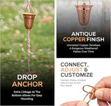 Copper Hammered Rain Chain – Decorative Chimes & Cups Replace Gutter Downspout & Divert Water Away from Home for Stunning Fountain Display – 6.5’ Long for Universal Fit – Bell Style