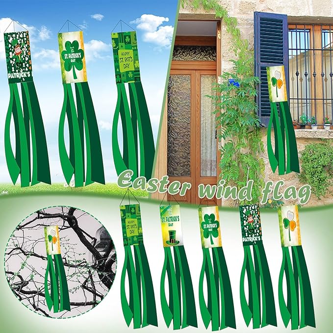 2PCS 40'' St. Patrick's Day Windsocks, Shamrock Wind Sock Flag Outdoor Decor, Saint Patrick's Day Holiday Hanging Flag for Yard Garden Patio Porch (Green)