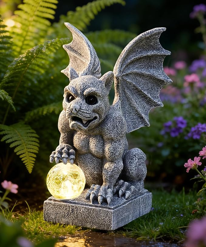 Nacome Solar Gothic Gargoyle Garden Statue: Outdoor Dragon Decor Sculpture with Ball Lights for Yard Art Porch Patio - Unique Birthday Gifts for Women Mom