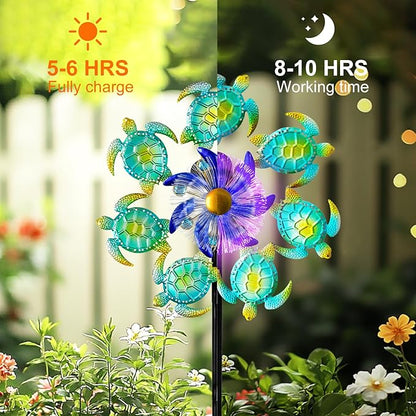Solar Wind Spinners Outdoor - 51" Sea Turtle Metal Wind Sculptures Garden Stake with Waterproof Color Changing LED Lights 360° Windmill Kinetic Spinner for Yard Lawn Patio Decor