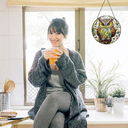Owl Stained Glass Window Hanging Bird Light Sun Catcher Owls Lover Gifts for Women Christmas Suncatchers for Garden Home Windows Hanging Decoration, 7.87inch