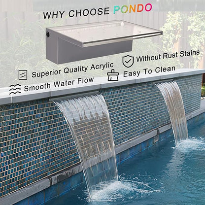 PONDO 12'' APP Pool Waterfall with 16 Colors LED Lights, Acrylic Pond Fountain Set for Outdoor Decorations, Patio Waterfall Spillway Kit on The Wall for Garden, Easy Installation