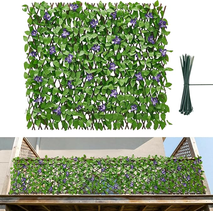 VEVOR Expandable Fence Privacy Screen, 25.5 x 122 in Expand Artificial Plant Wall, Realistic Artificial Ivy Panel with 50 Zip Ties, Decorative Faux Greenery Backdrop Hedges for Balcony Patio Outdoor