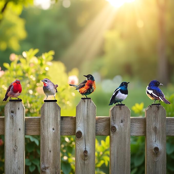 HUYIENO 5PCS Vivid Metal Birds Fence Decor 2D Color Painted Outdoor Garden Natural Bird Sculptures for Outdoor Fences, Patio, Garden and Bird Lovers
