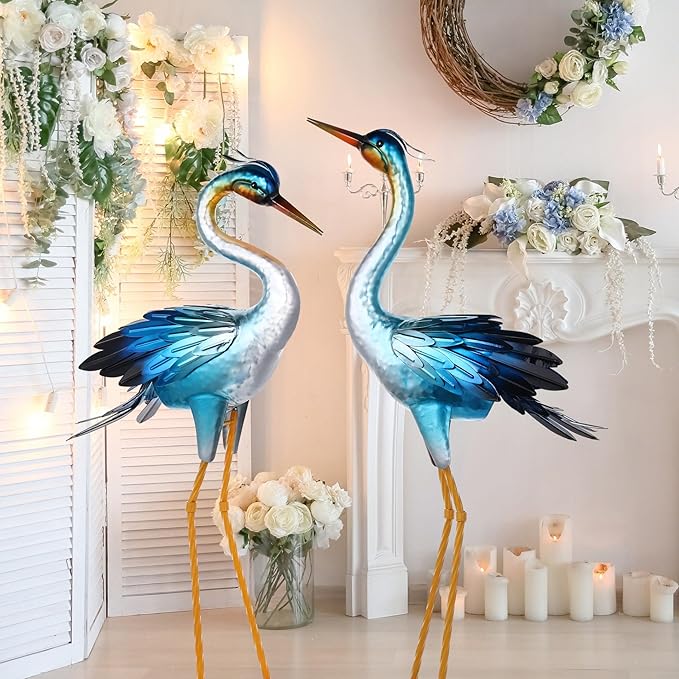 Shorayn Metal Crane Garden Statue, Garden Sculptures & Statues, Crane Ornaments Yard Art for Backyard Patio Lawn Decorations (Blue)