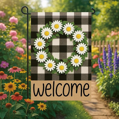 Buffalo Plaid Welcome Wreath Garden Flag 12x18 Double Sided Daisy Flower Flag Rustic Spring Summer Decor for Porch Patio Lawn Farmhouse Seasonal Small Yard Farmhouse Holiday Outdoor