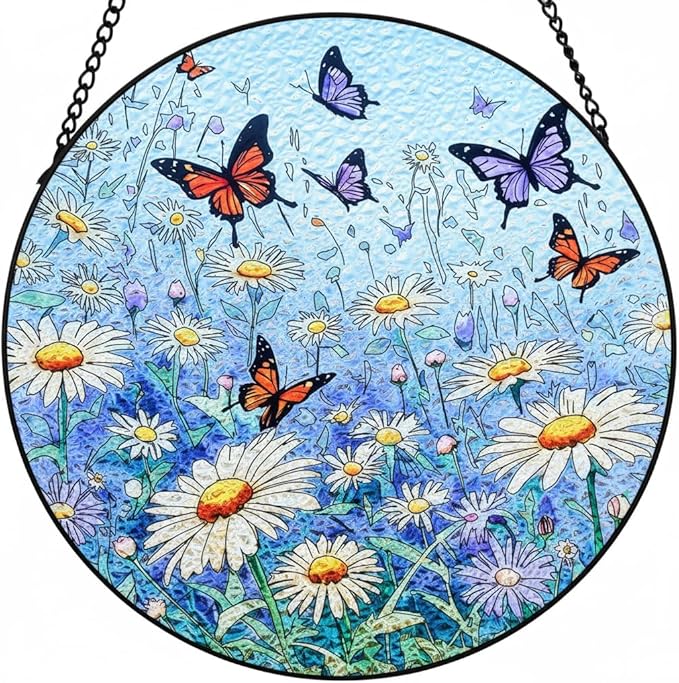 Butterfly Stained Glass Suncatcher,7.8in Butterfly Suncatcher for Window Hanging,Hand Chrysanthemum Suncatcher Window Decoration,Butterfly Home Decor for Indoor Window