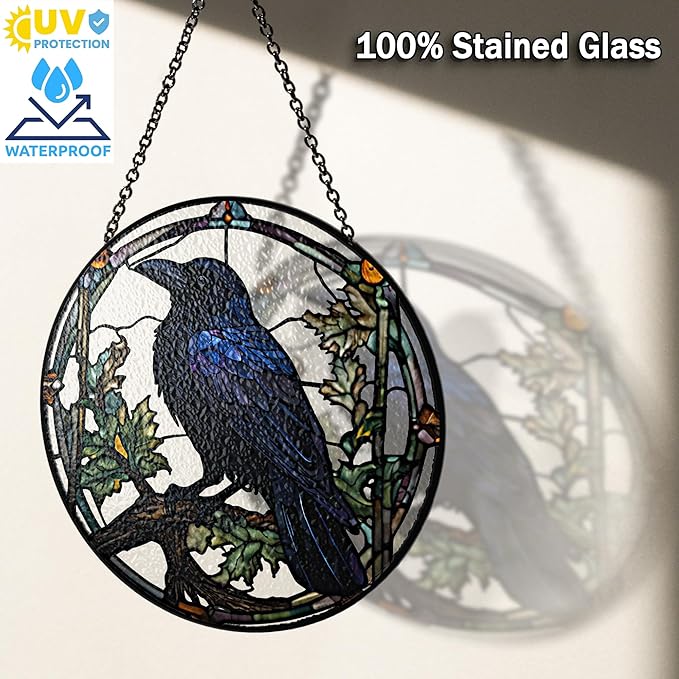 7.8" Crow Stained Glass Suncatchers Art Glass Ravens for Sun Catcher Indoor Gothic Gifts for Pet Animal Nature Floral Lovers Women Grandma Mom Friend Painted Panel Décor BIRD-04B-SG8