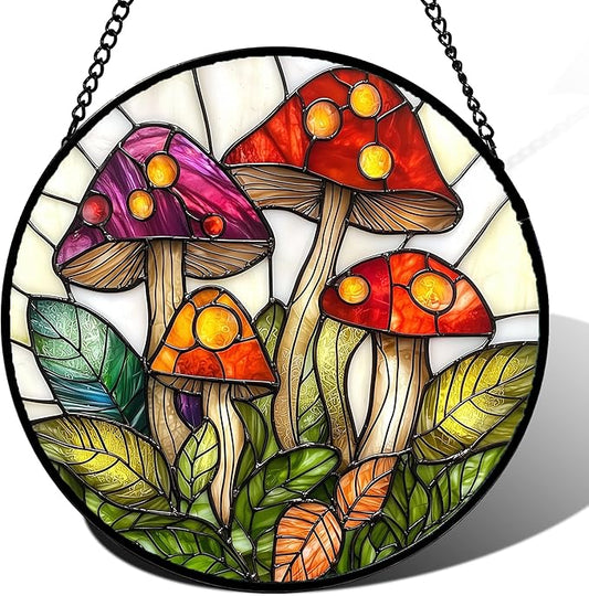 DASTOLL Stained Glass Window Hanging, Mushroom Leaves Suncatcher for Doors Home Sun Catchers Decoration and Christmas, Mother's Day Birthday Gifts for Women, Men, and Mom 14.9x14.9 in
