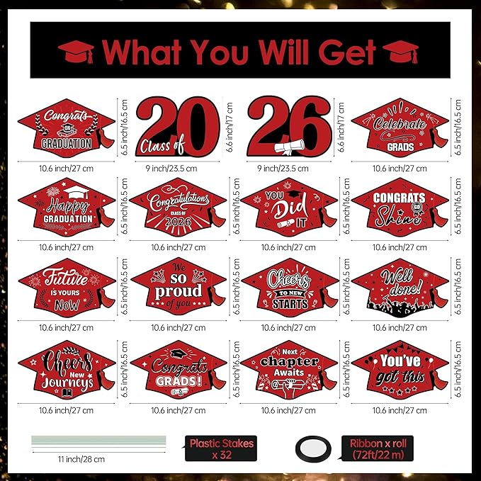 16 Pieces 2026 Graduation Yard Signs Plastic Congrats Grad Decor with 32 Stake and Ribbon Graduate Cap Hanging Yard Sign for Party Outdoor Lawn Pathway Walkway Decorations(Red)
