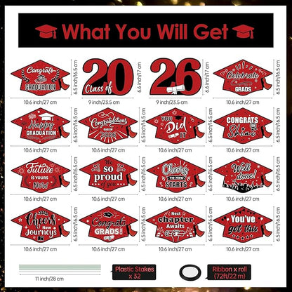 16 Pieces 2026 Graduation Yard Signs Plastic Congrats Grad Decor with 32 Stake and Ribbon Graduate Cap Hanging Yard Sign for Party Outdoor Lawn Pathway Walkway Decorations(Red)