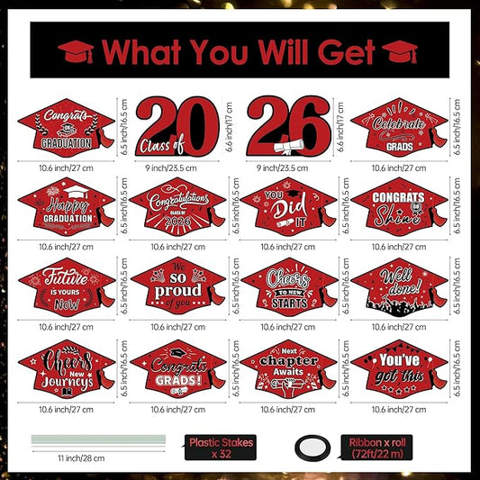 16 Pieces 2026 Graduation Yard Signs Plastic Congrats Grad Decor with 32 Stake and Ribbon Graduate Cap Hanging Yard Sign for Party Outdoor Lawn Pathway Walkway Decorations(Red)