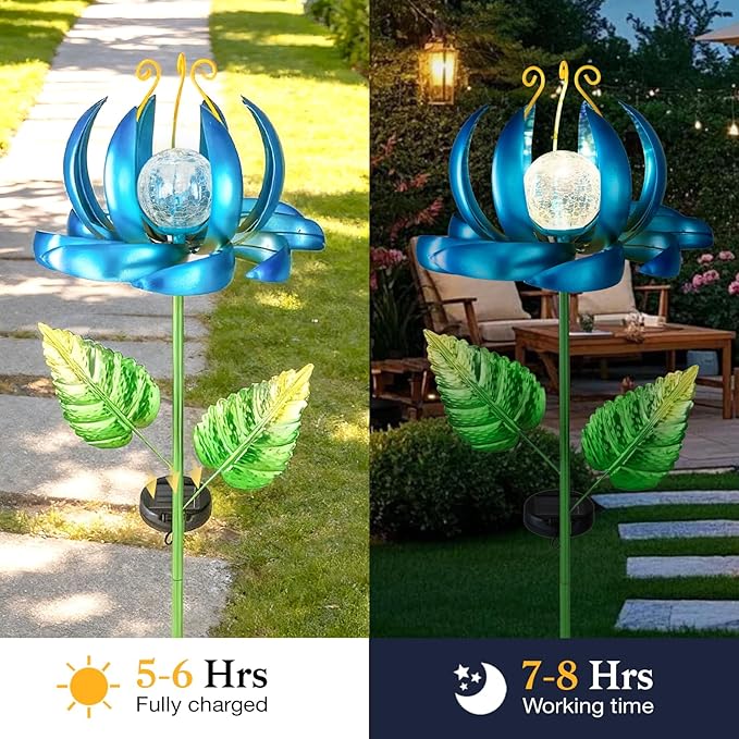 Solar Yard Lights Wind Spinners- Metal Lotus Flower Garden Decor LED Crackle Glass Globe Yard Art Sculpture Solar Stake Lights for Patio Pathway Lawn Walkway (Blue-Large)