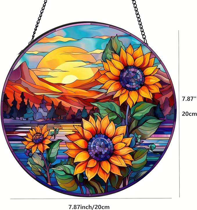 Sunflowers Suncatcher Sunflowers Stained Glass Suncatchers Stained Glass Ornament for Home Decor Indoor Wall Art Gift for Mother Women Friends (Sunflowers and Sun, M)