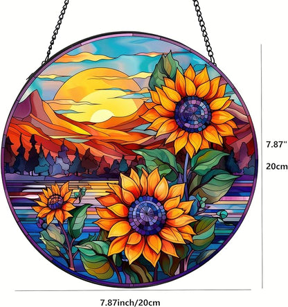 Sunflowers Suncatcher Sunflowers Stained Glass Suncatchers Stained Glass Ornament for Home Decor Indoor Wall Art Gift for Mother Women Friends (Sunflowers and Sun, M)