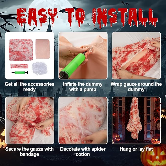 2 Sets Halloween Hanging Cocoon Corpse, 64'' Bloody Inflatable Cocoon Outdoor Decoration Set with Bandage, Scary Dead Body Prop Decor for Outdoor Halloween Party House Yard (Red)