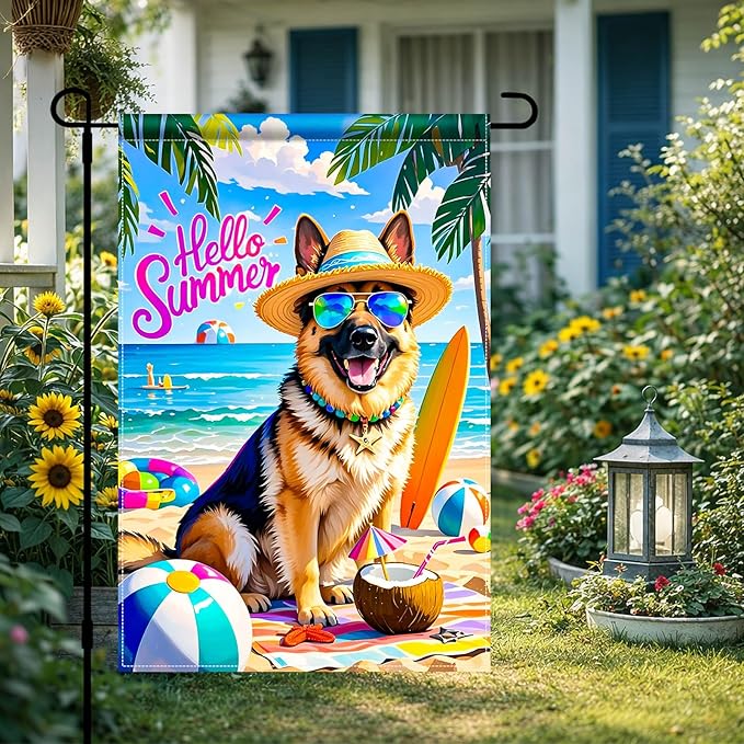 HOMETITUTE Hello Summer Beach Garden Flag German Shepherd Dog Tropical Beach Flag 12x18 Inch Double Sided Yard Small Summer Flag For Outside Holiday Seasonal Outdoor