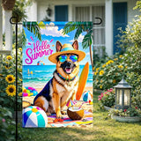 HOMETITUTE Hello Summer Beach Garden Flag German Shepherd Dog Tropical Beach Flag 12x18 Inch Double Sided Yard Small Summer Flag For Outside Holiday Seasonal Outdoor